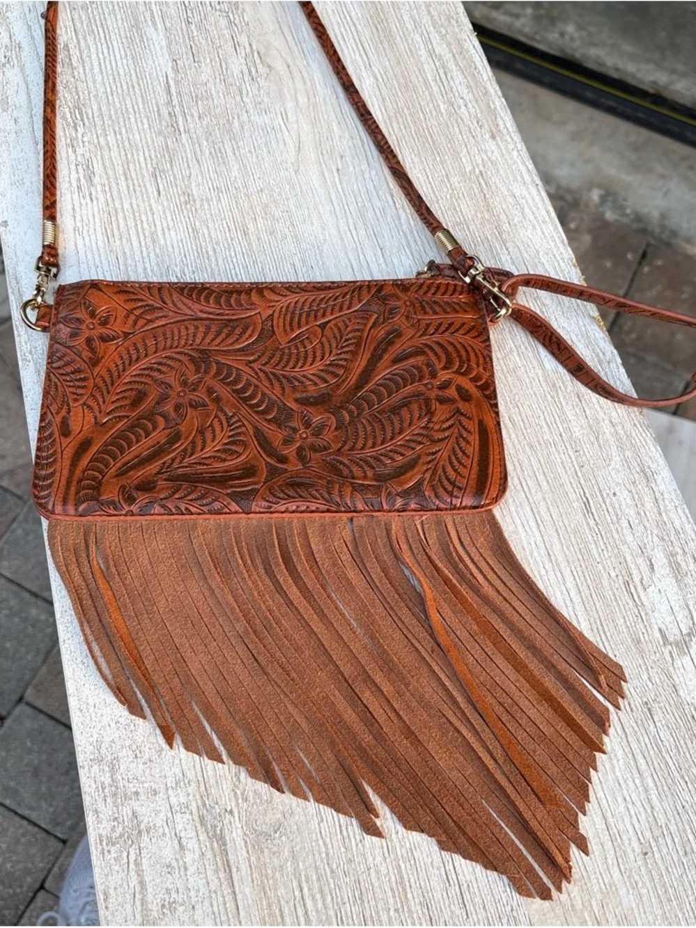 Fringed Tooled Leather Crossbody Bag - Copper Brown